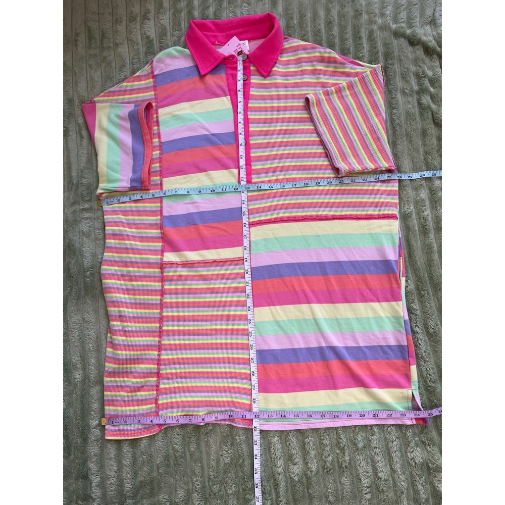 Fantastic Fawn Natalie Striped Polo Dress Pink Multi Color Patchwork Large NWT - Picture 16 of 16